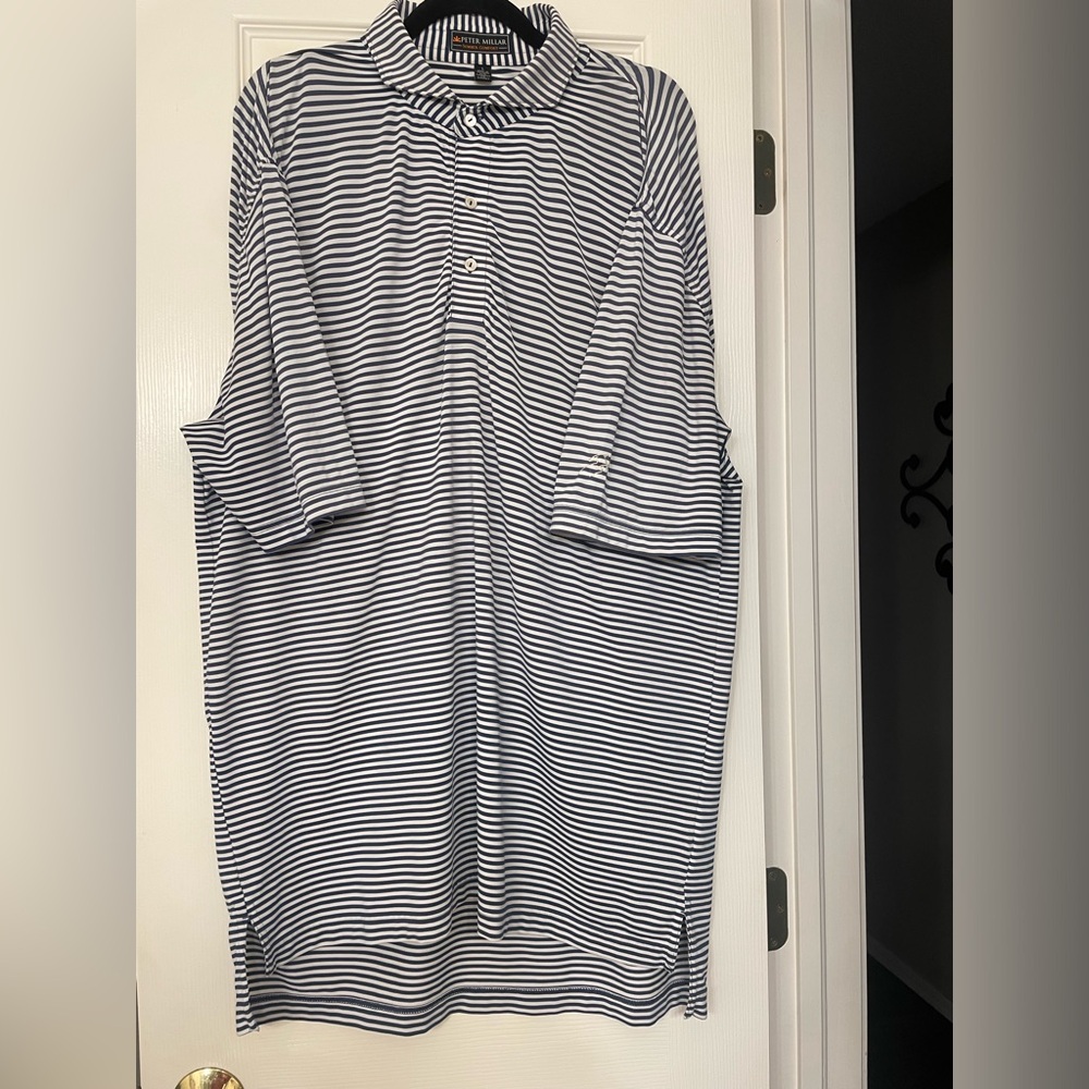 Peter Millar  Men’s size Large blue white striped polo.